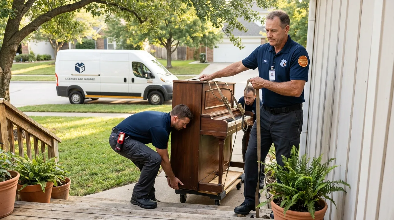 Licensed piano movers securing grand piano in Greer, SC