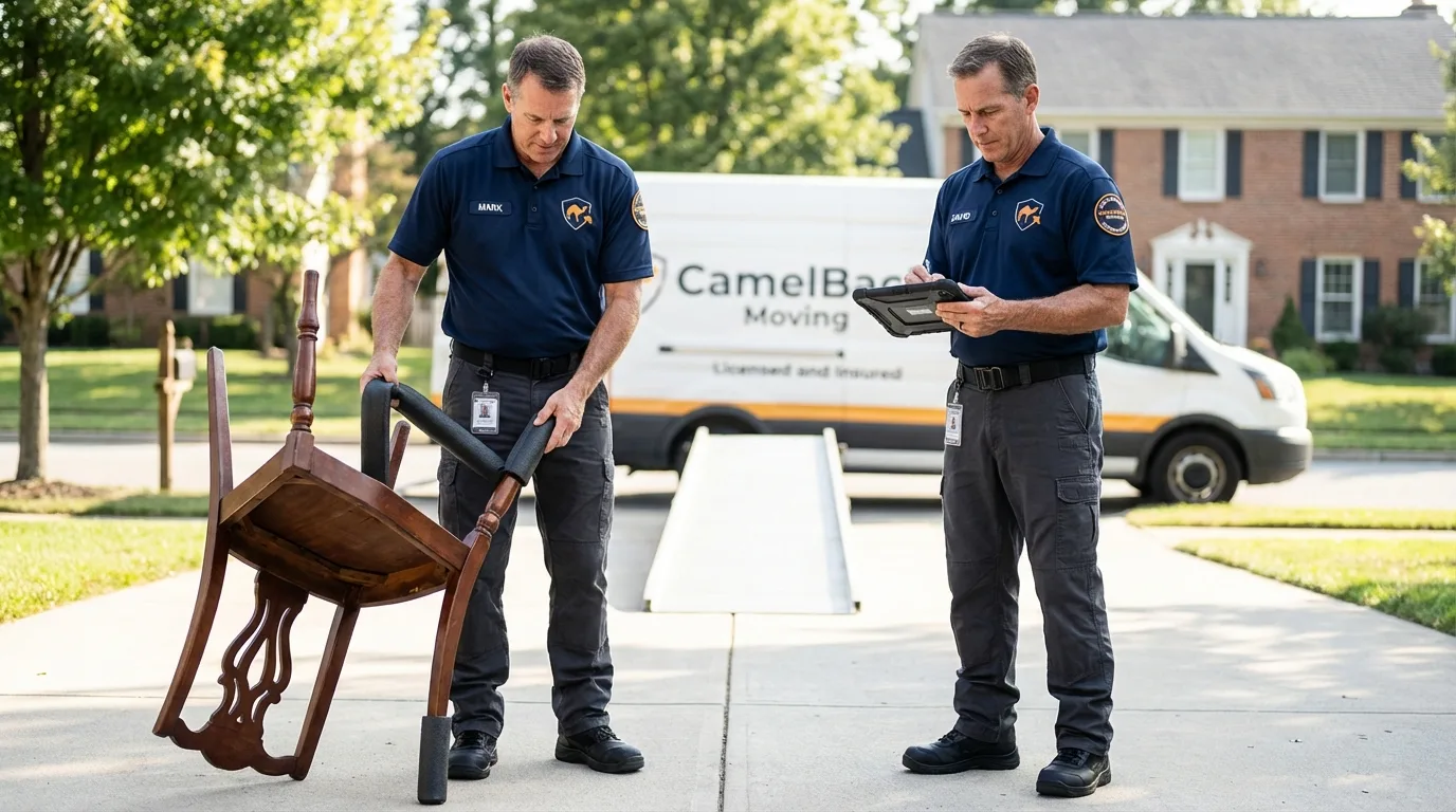 Movers inspecting furniture for damage prevention before loading in Greer, SC